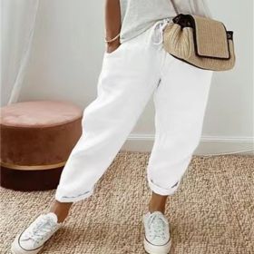 Women's Fashion Cotton Linen Solid Color Casual Pants (Option: White-M)