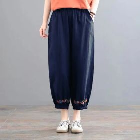 Women's Vintage Cotton Linen Solid Color Casual Pants (Option: Navy Blue-M)