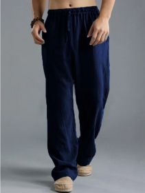 Men's Loose Casual Pants Linen Breathable Sports Trousers (Option: Dark Blue-L)