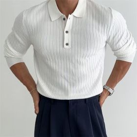 Lapel Button Long Sleeve Polo Shirt Slim Fashion Solid Striped Knitted Bottoming Shirt Top Men's Clothing (Option: White-XL)