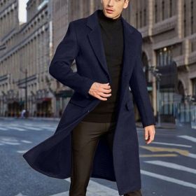 Men's Long Trench Coat Woolen Coat (Option: Navy Blue-XL)